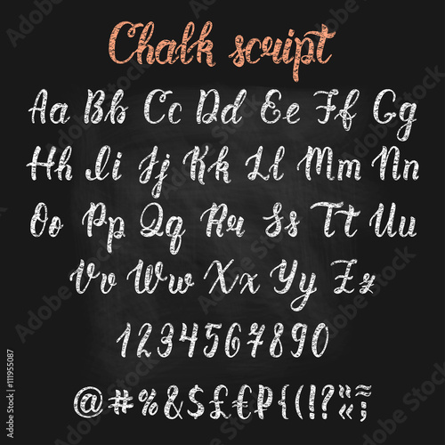 Chalk handdrawn latin calligraphy brush script with numbers and symbols. Calligraphic alphabet. Vector
