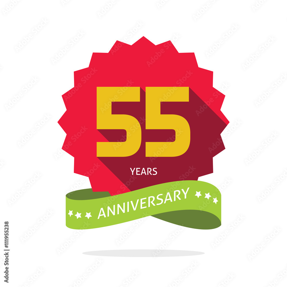 55 years anniversary vector label logo, shadow on star, number 55 five