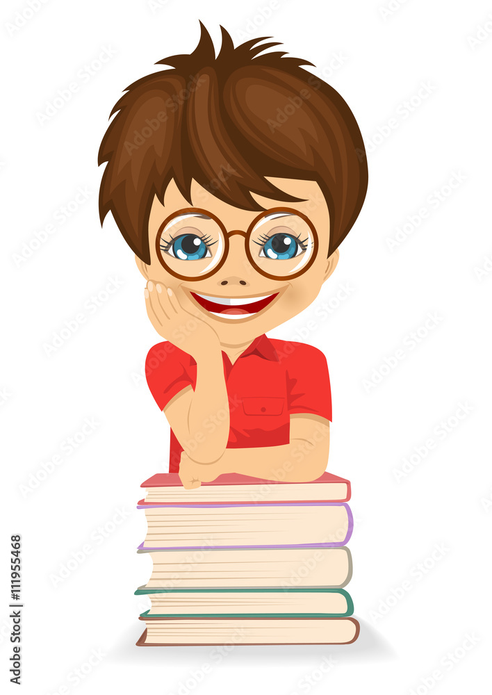 Little boy with glasses ready for school - leaning on book stack
