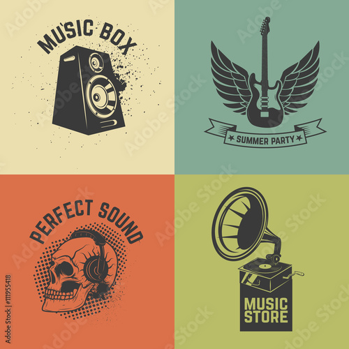 Set of music  labels isolated on colorful background. Vector ill