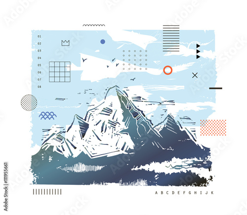 Mountains, hand drawn vector illustration. Art poster. Vector