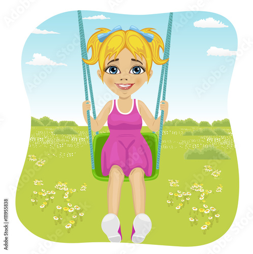 Adorable girl having fun on a swing in summer park