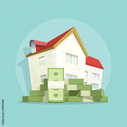 House with pile of money, home real estate symbol, concept of housing bill growth banner, investment, mortgage, house loan, account, banking, outlay expenses modern vector poster design isolated
