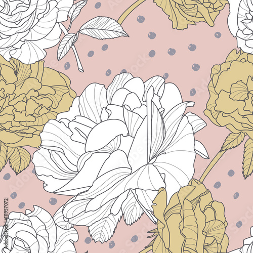 Vector seamless pink pattern with hand drawn rose flowers. Floral illustratio...