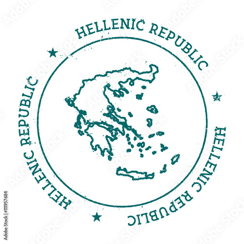 Greece vector map. Retro vintage insignia with country map. Distressed visa stamp with Greece text wrapped around a circle and stars. USA state map vector illustration.
