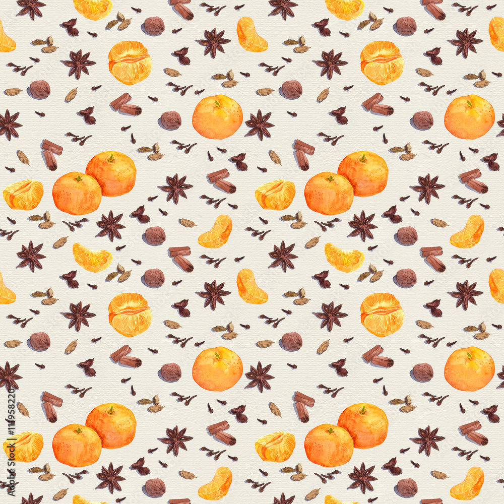 Watercolor winter spices and mandarin. Repeating pattern Watercolor winter spices and mandarin. Repeating pattern