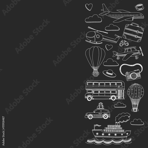 Vector doodle set of travel and transportation Car plane helicopter ballon ship