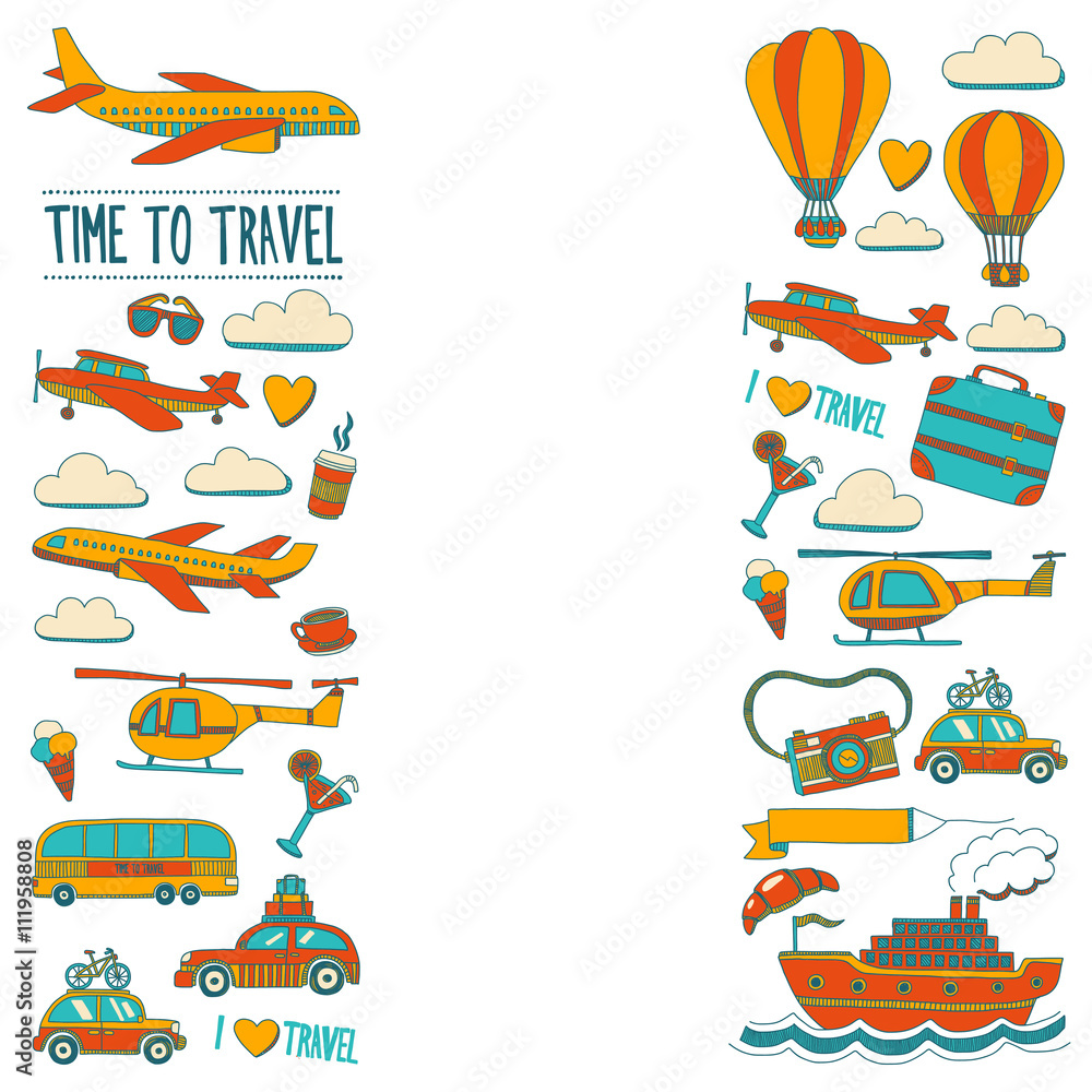 Vector doodle set of travel and transportation Car plane helicopter ballon ship