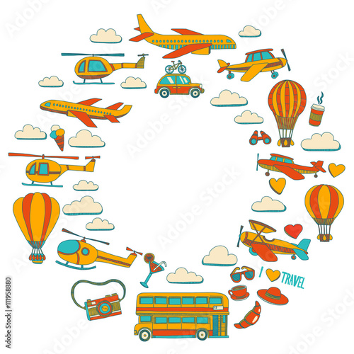 Vector doodle set of travel and transportation Car plane helicopter ballon ship