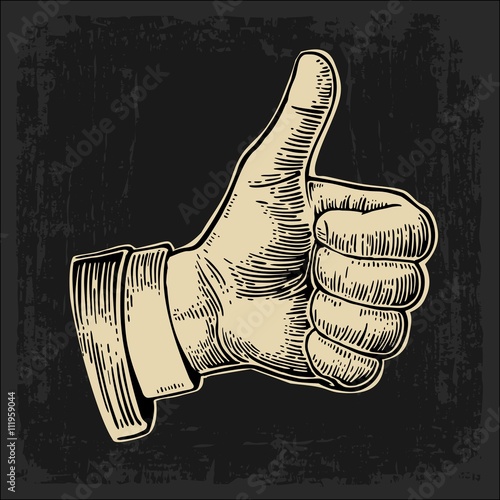 Hand showing symbol Like. Making thumb up gesture. Vector beige vintage engraved illustration isolated on a dark background. Hand sign for web, poster, info graphic.