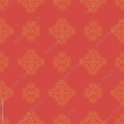Seamless Texture on Red. Element for Design. Ornamental Backdrop. Pattern Fill. Ornate Floral Decor for Wallpaper. Traditional Decor on Background
