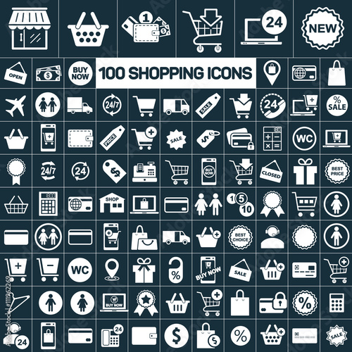 100 shopping icon set white on color background