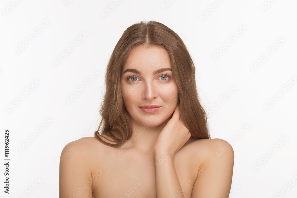 Studio shot of happy beautiful shirtless lady looking at camera and posing for photograher over white background. Studio shot of happy beautiful shirtless lady looking at camera and posing for photograher over white background.