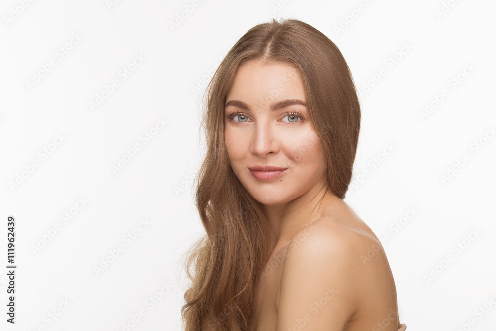 Portrait of happy woman with brown hair looking at camera. Beautiful shirtless lady posing for photographer over white background. Portrait of happy woman with brown hair looking at camera. Beautiful shirtless lady posing for photographer over white background.