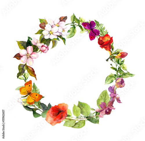 Floral wreath with empty space for your text. Summer flowers, butterflies.