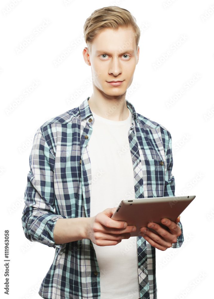 Happy Young Man Using Digital Tablet Isolated Happy Young Man Using Digital Tablet Isolated