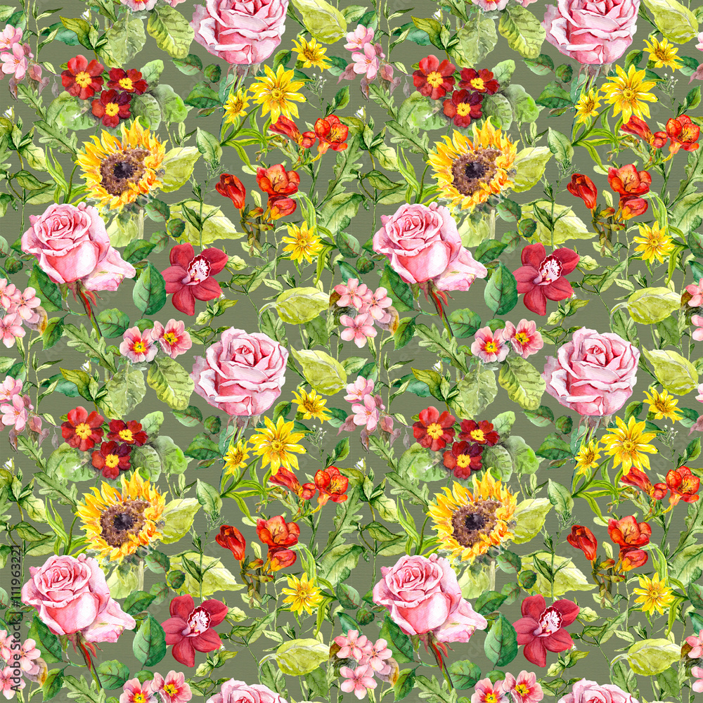Meadow flowers, summer herbs. Seamless floral pattern. Watercolor