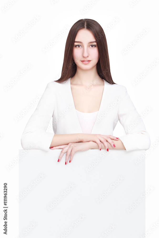 happy woman holding white blank paper