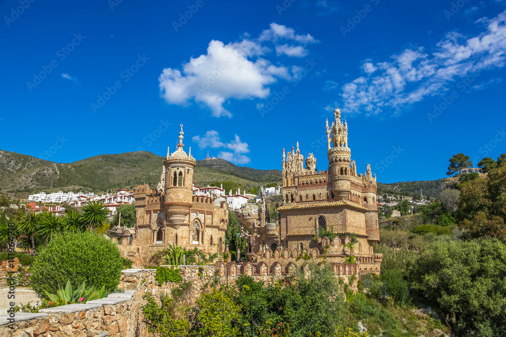 Pannoramic view of famous Castillo de Colomares is a monument similar to a fairytale castle, dedicated to Christopher Columbus. Benalmadena, near Malaga in Andalusia, Spain.