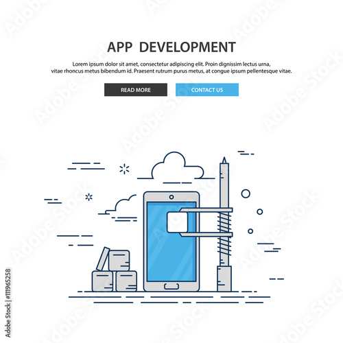 Thin line design mobile app construction site. Modern vector illustration