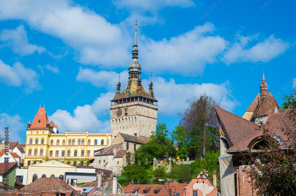 Fototapeta premium Beautiful panoramic view over traditional architecture of Sighisoara citadel in Romania