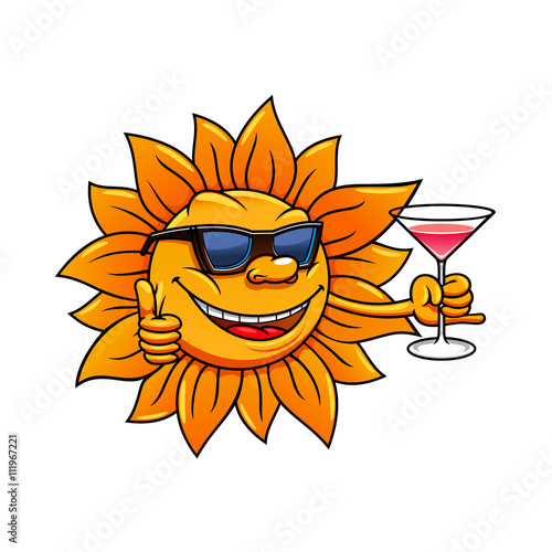 Cartoon sun in sunglasses drinking cocktail
