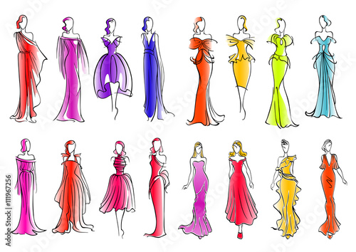 Fashion models in colorful dresses, sketch style