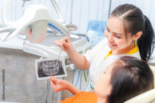 Dentist showing x-ray to a patient photo