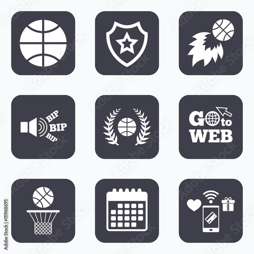 Basketball icons. Ball with basket and fireball.