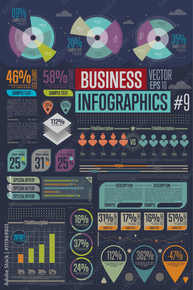 Business infographics elements. Charts, tables, graphs template. Data, diagram and rating layout. Vector illustration.