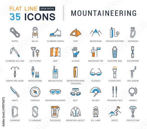 Set Vector Flat Line Icons Mountaineering