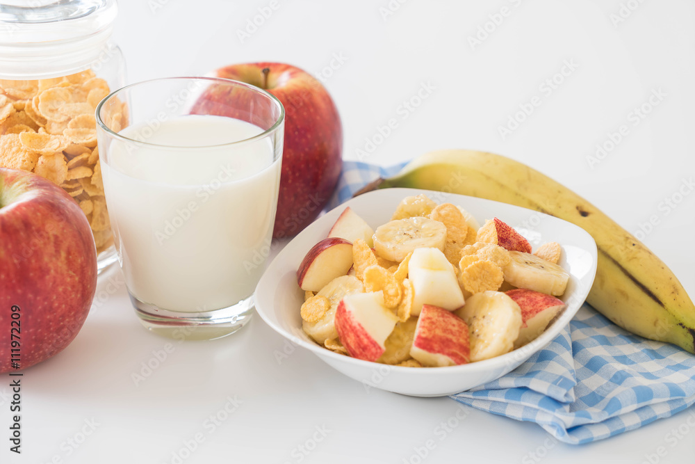 milk, apple, banana and cornflakes milk, apple, banana and cornflakes