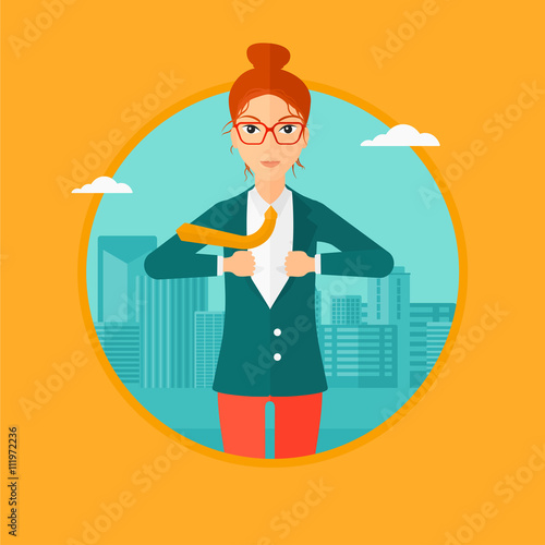 Business woman opening her jacket like superhero.