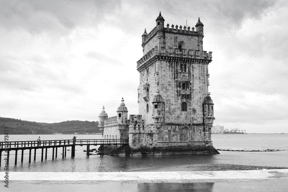 Belem tower in black and white in Lisbon. Portugal