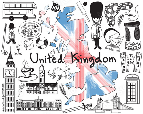 Update version - Travel to United kingdom England and Scotland doodle drawing icon with culture, costume, landmark and cuisine tourism concept in isolated background, create by vector 
