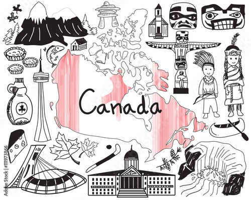 Travel to Canada doodle drawing icon with culture, costume, landmark and cuisine tourism concept in isolated background, create by vector 