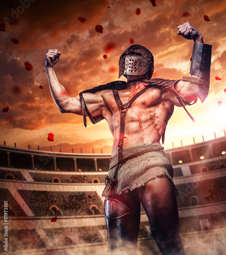 Blody gladiator after fight on colosseum arena.