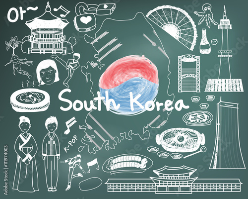 Travel to South Korean doodle drawing icon with culture, costume, landmark and cuisine tourism concept in blackboard background. The Korean text in the picture means "Ohh" or "Ahh". 