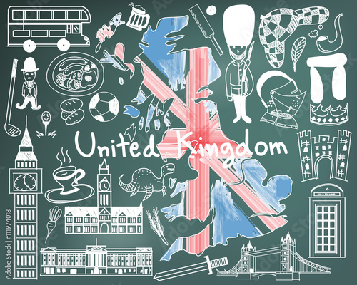 Update version - Travel to United kingdom England and Scotland doodle drawing icon with culture, costume, landmark and cuisine tourism concept in blackboard background, create by vector 
