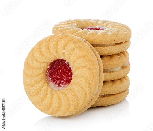 Sandwich biscuits with strawberry on white background