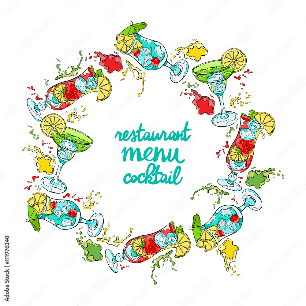 Cocktail. Refreshing drink. Splashes and drops. Isolated vector object on white background. Frame - wreath.