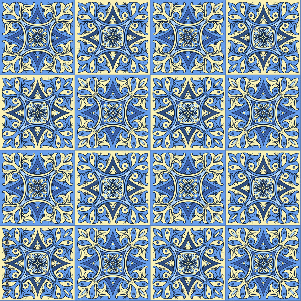 Hand drawing seamless pattern for tile in blue and yellow colors.