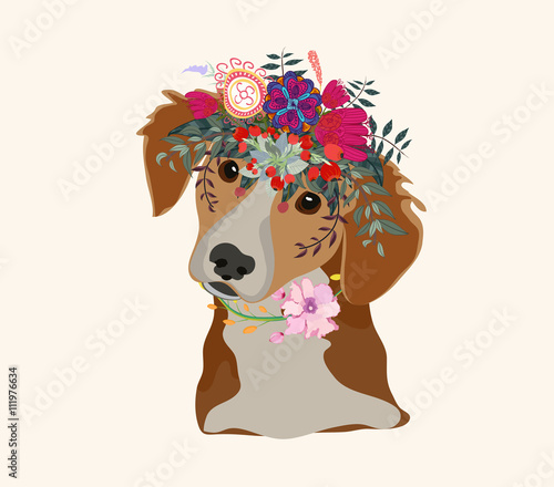 Drawing pen dog face, macaque portrait with beautiful flowers on the head, floral wreath.