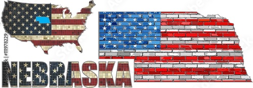 USA state of Nebraska on a brick wall - Illustration,
Nebraska Flag painted on brick wall,
Font with the United States flag, 
Nebraska map on a brick wall