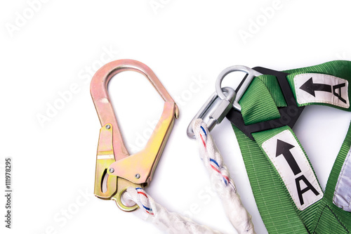Closeup fall protection harness and lanyard for work at heights