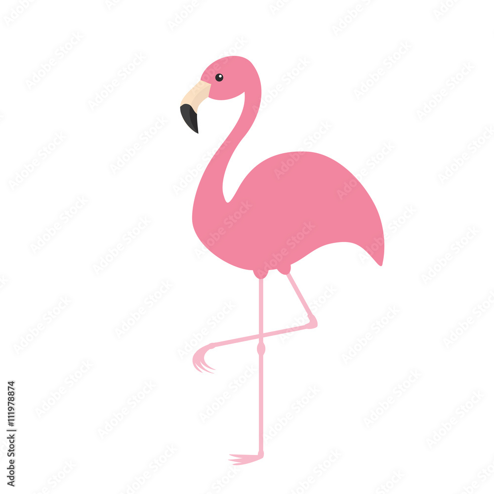 Pink flamingo. Exotic tropical bird. Zoo animal collection. Cute cartoon character. Decoration element. Flat design. White background. Isolated. - obrazy, fototapety, plakaty 