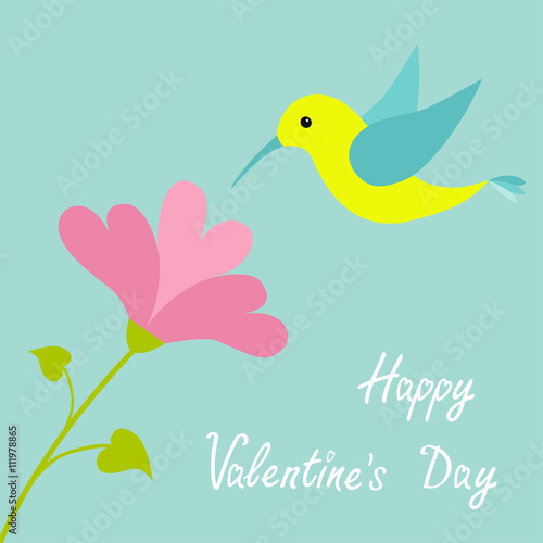 Flying colibri bird and heart flower. Cute cartoon character. Hummingbird. Isolated Blue background. Baby kids illustration collection. Happy Valentines Day Greeting card.  Flat design.