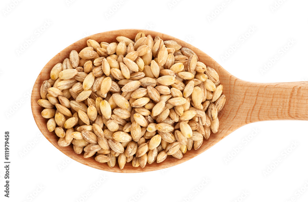 Wooden spoon with pearl barley isolated on white background. Wooden spoon with pearl barley isolated on white background.