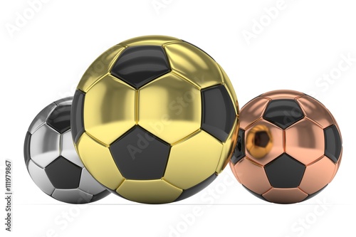Three gloss soccer balls on white background. 3D rendering.