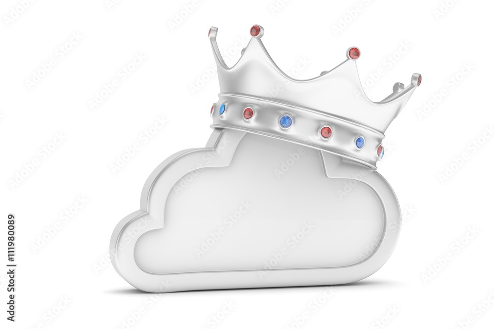 Isolated chrome cloud icon with crown and gems on white background. Symbol of communication, network and technology. Broadband. Online database. 3D rendering. Isolated chrome cloud icon with crown and gems on white background. Symbol of communication, network and technology. Broadband. Online database. 3D rendering.